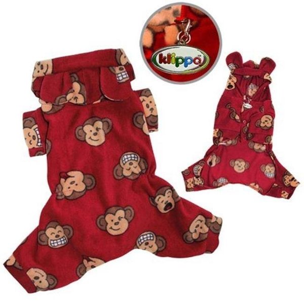 Klippo Pet Klippo Pet KBD034XS Adorable Silly Monkey Fleece Dog Pajamas & Bodysuit With Hood; Burgundy - Extra Small KBD034XS